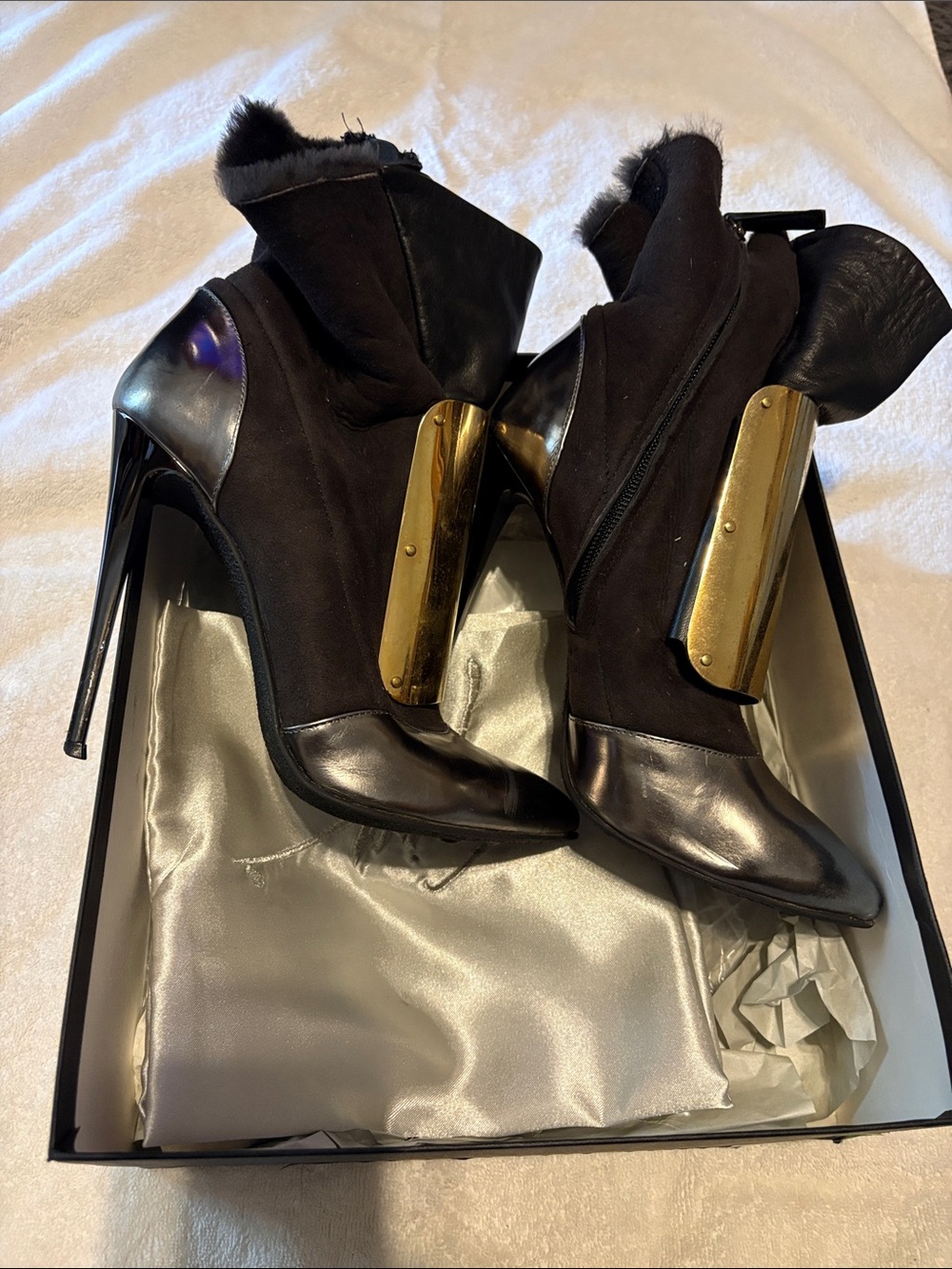 Giuseppe Zanotti Black Stiletto Booties with Gold Plate